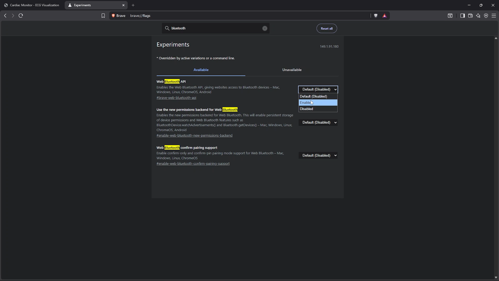 Brave flags page with the Web Bluetooth API dropdown open and Enabled highlighted
