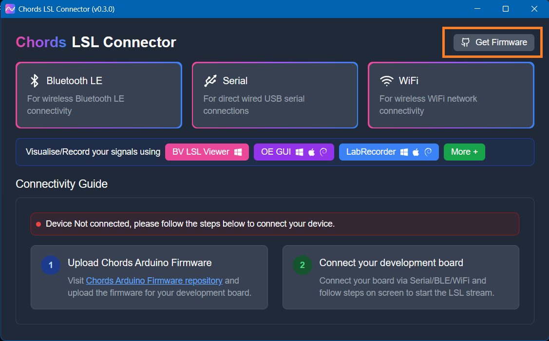 Chords LSL Connector Get Firmware Button