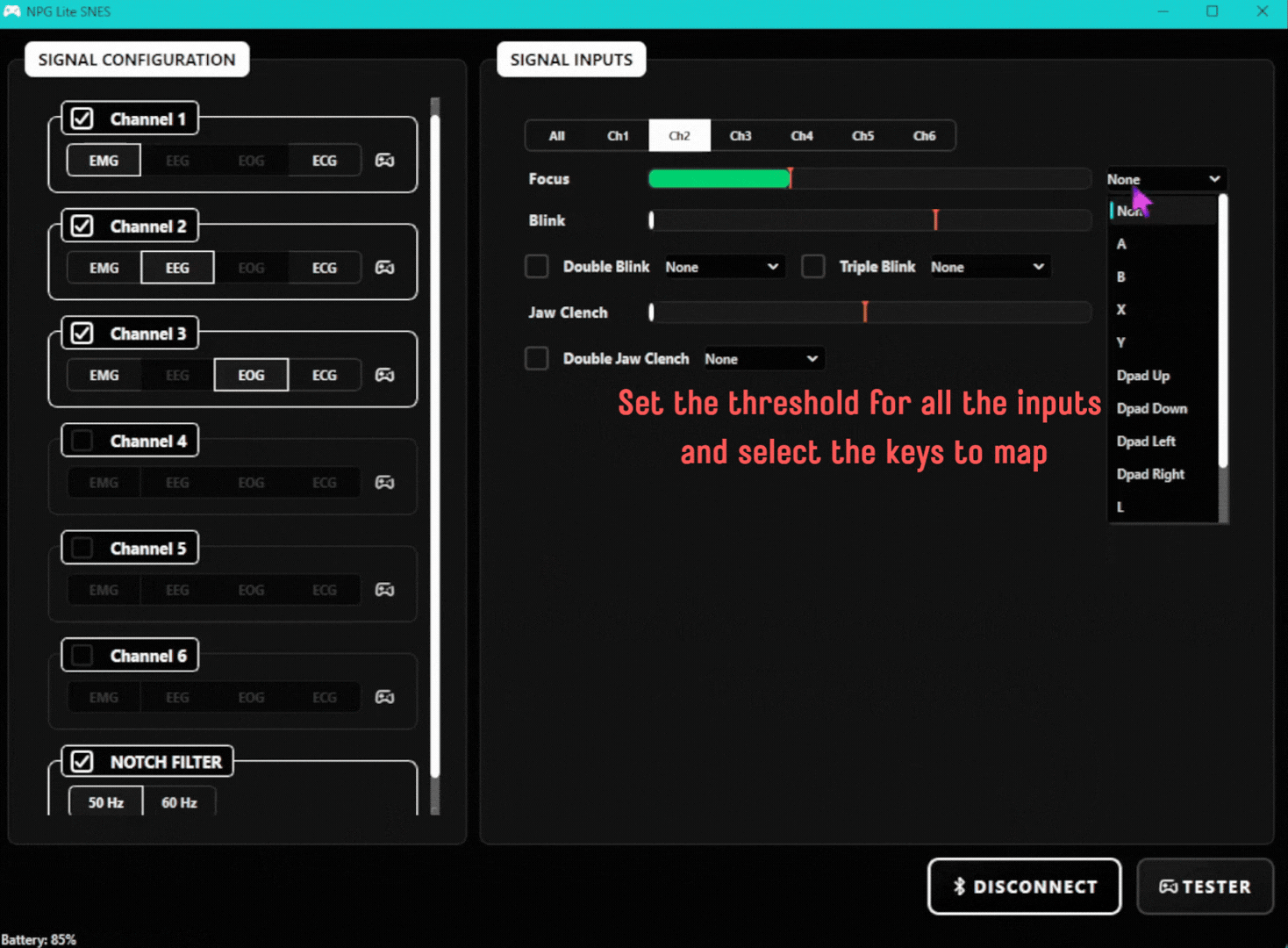The key drop-down list open next to the Focus bar, with Blink and Jaw Clench bars below it