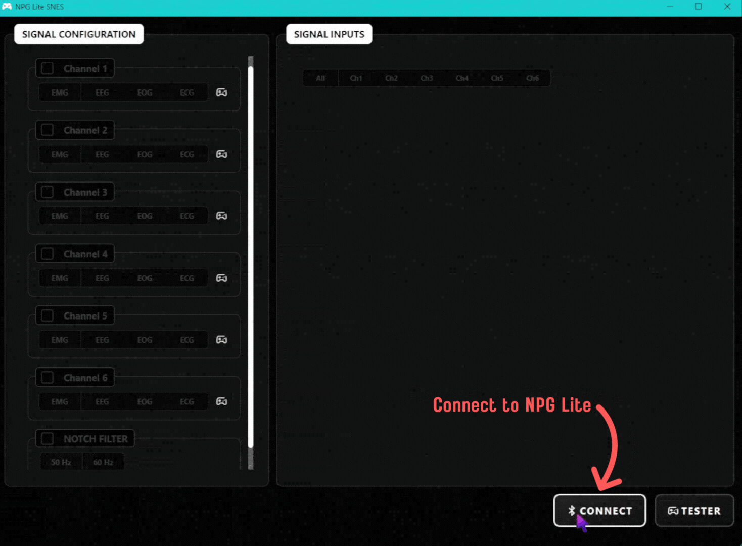 The Connect button at the bottom right of the app