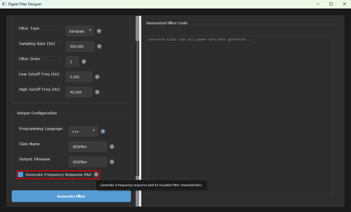 Generate Frequency Response Plot checkbox outlined in red with its help tooltip shown