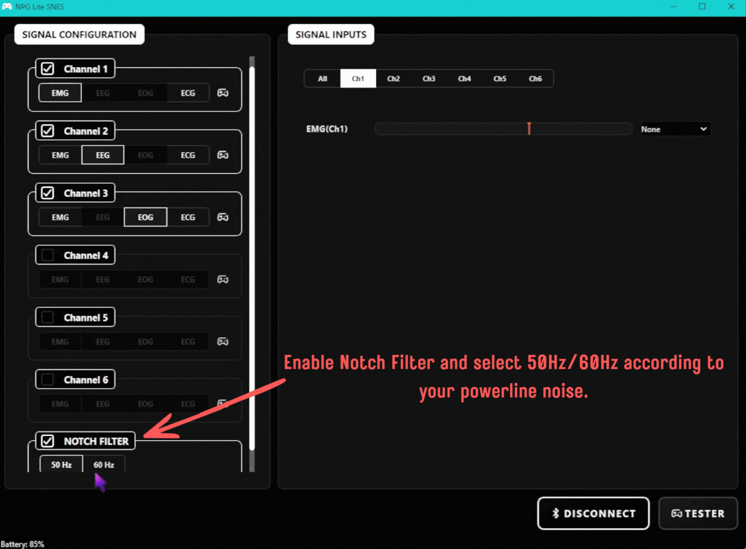 The Notch Filter option with the 50 Hz button selected