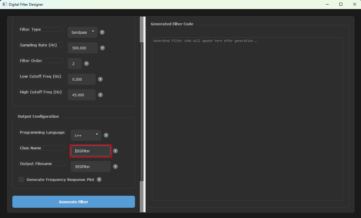 Class Name field outlined in red containing EEGFilter