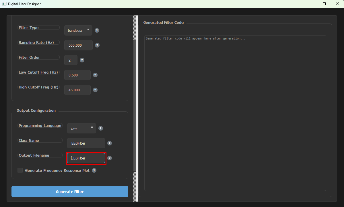 Output Filename field outlined in red containing EEGFilter