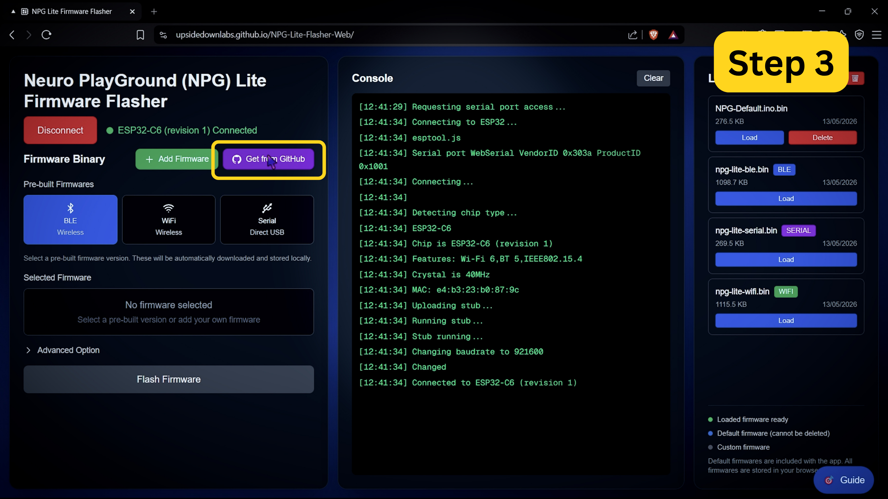 NPG Lite Firmware Flasher connected, with the Get from GitHub button highlighted