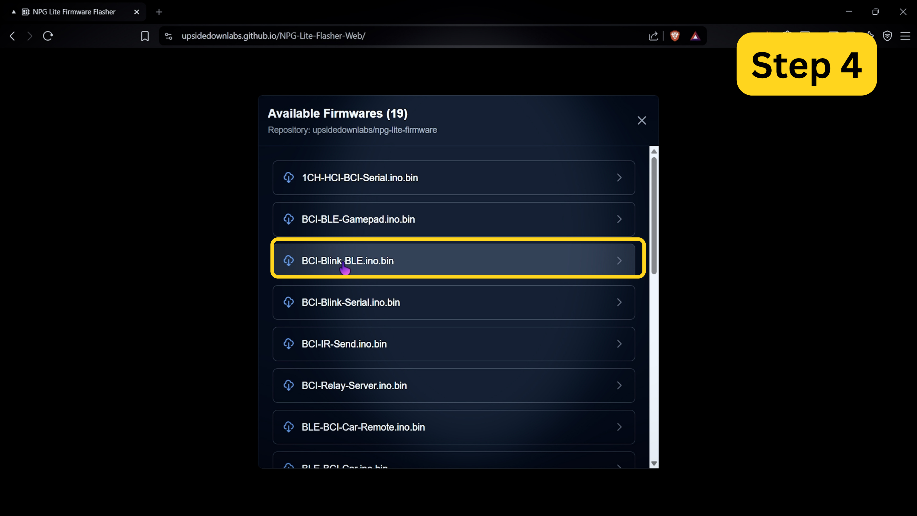Available Firmwares list with BCI-Blink-BLE.ino.bin highlighted