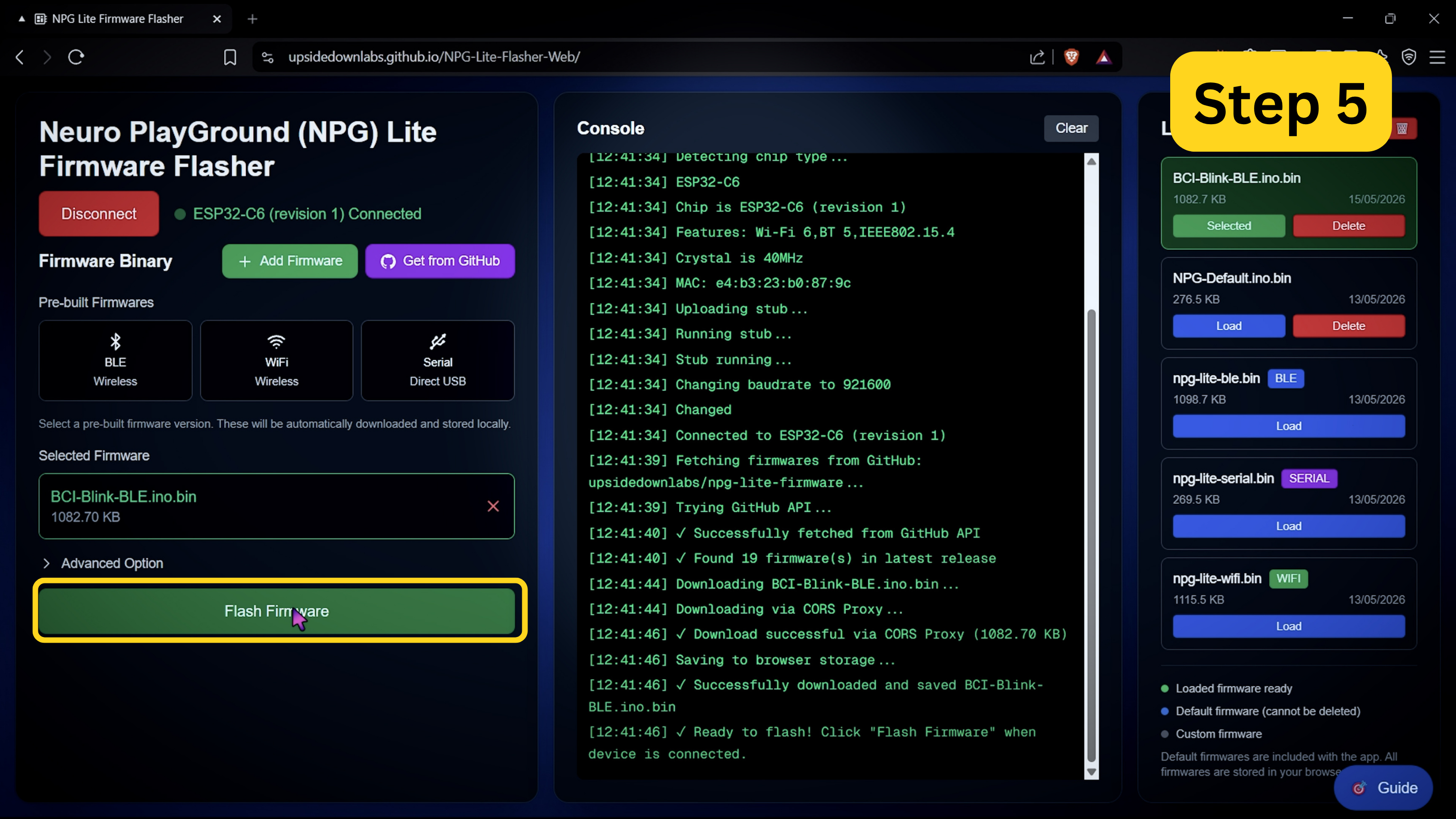 BCI-Blink-BLE.ino.bin selected with the Flash Firmware button highlighted