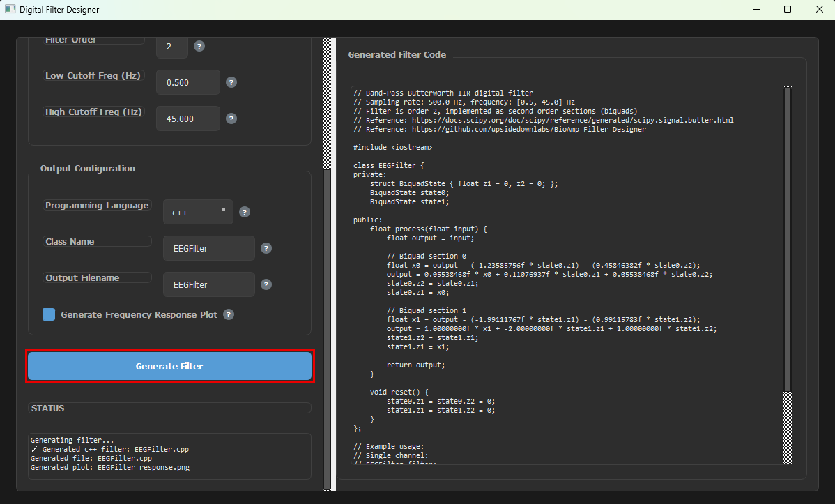 Generate Filter button outlined in red, with the generated C++ filter code shown in the right panel and status messages below the button