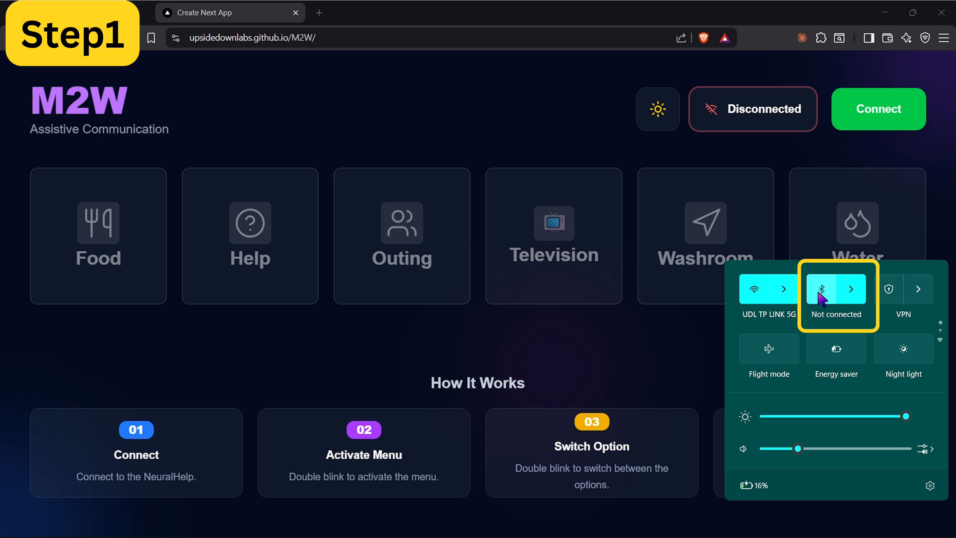 M2W app with the theme toggle, connection status and Connect button at the top right