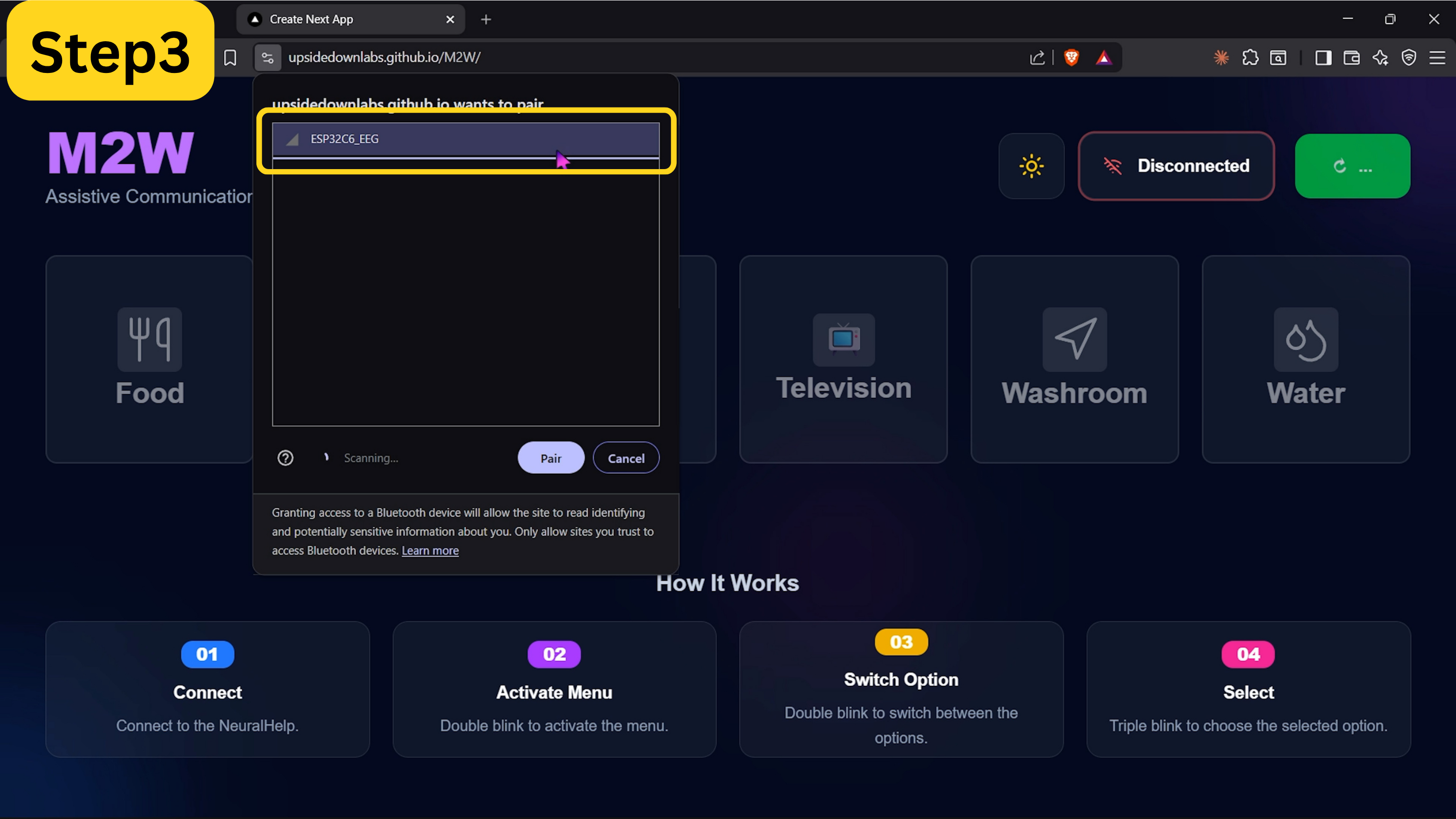 Bluetooth pairing popup listing ESP32C6_EEG