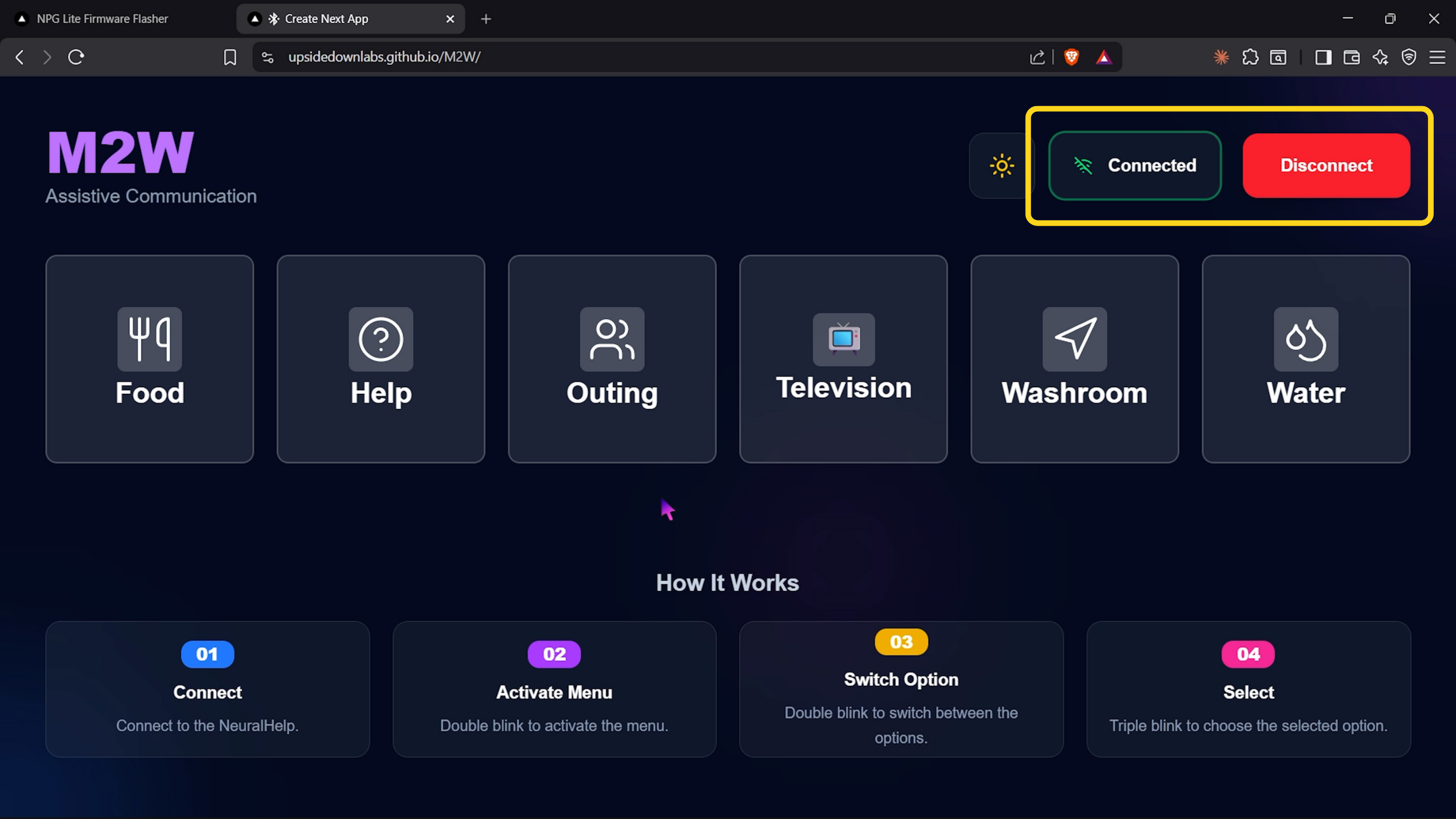 M2W app showing Connected status with a Disconnect button