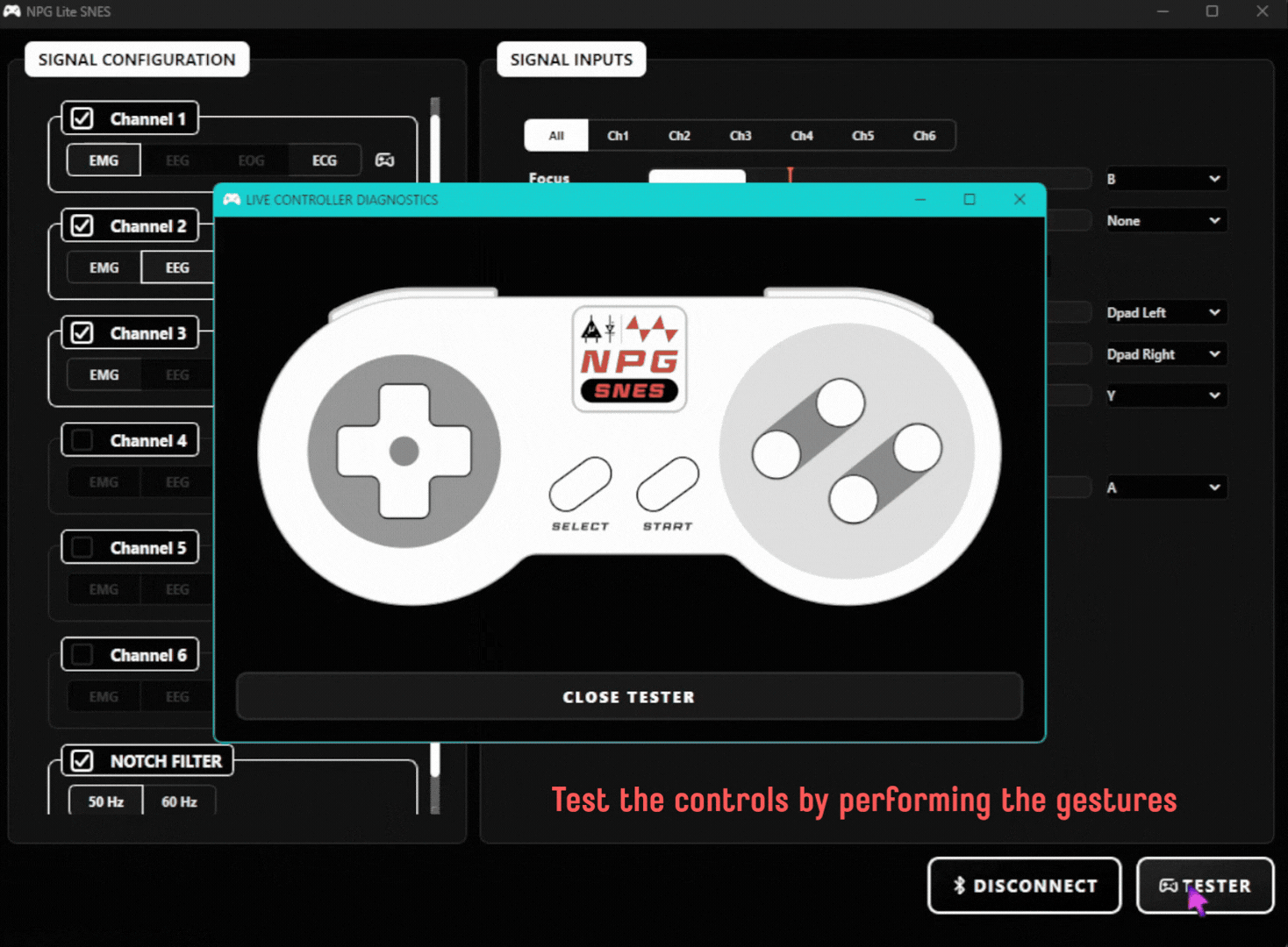 The TESTER button, with the Live Controller Diagnostics window open showing the SNES controller