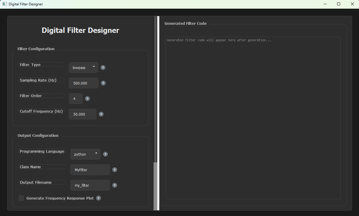 Digital Filter Designer window with the Filter Configuration and Output Configuration panels on the left and an empty Generated Filter Code panel on the right