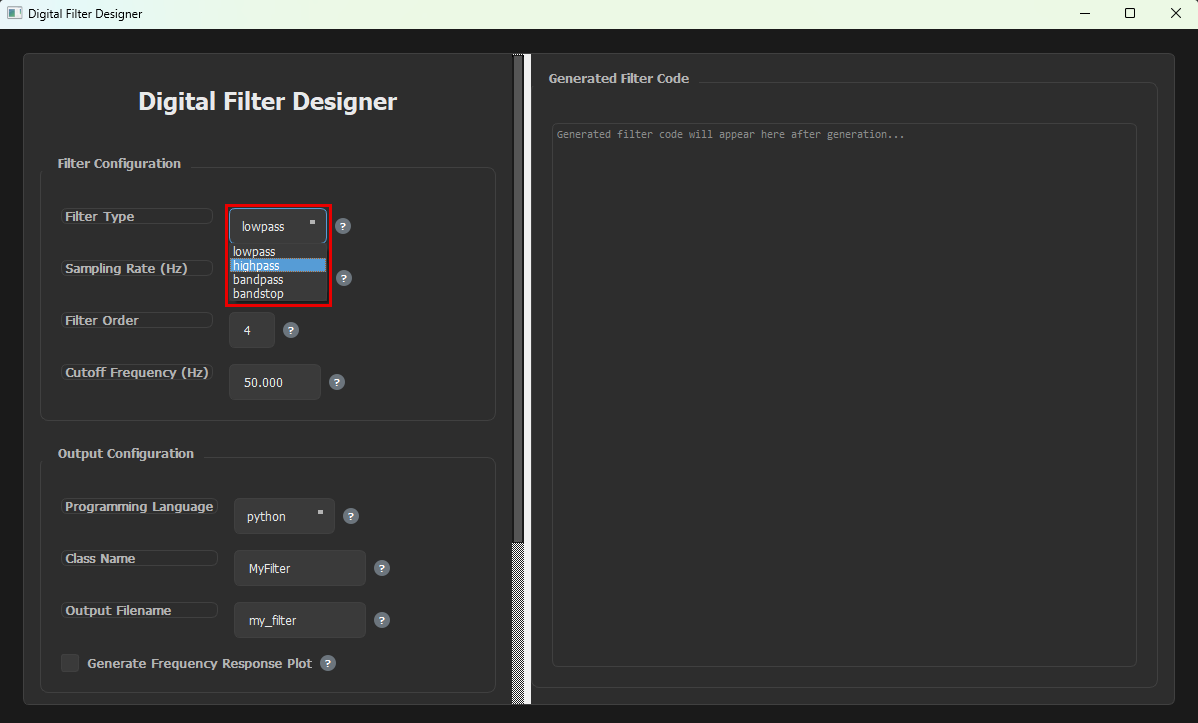 Filter Type dropdown open with the options lowpass, highpass, bandpass and bandstop, outlined in red