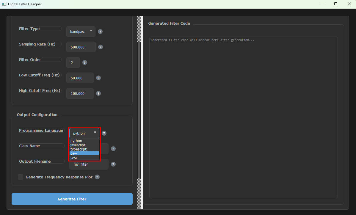 Programming Language dropdown open with python, javascript, typescript, c++ and java, outlined in red
