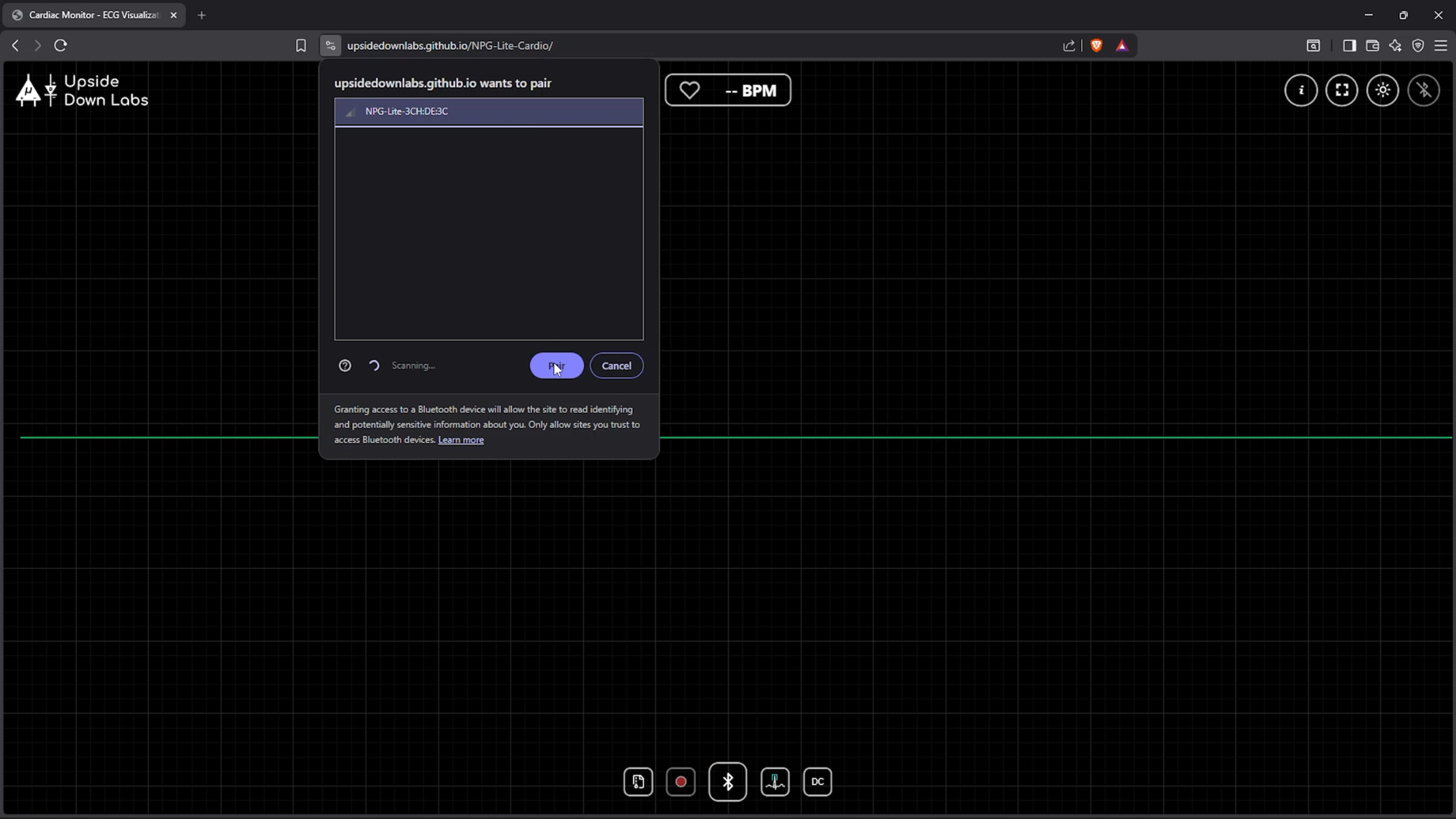 Browser Bluetooth popup listing an NPG-Lite device with the Pair button
