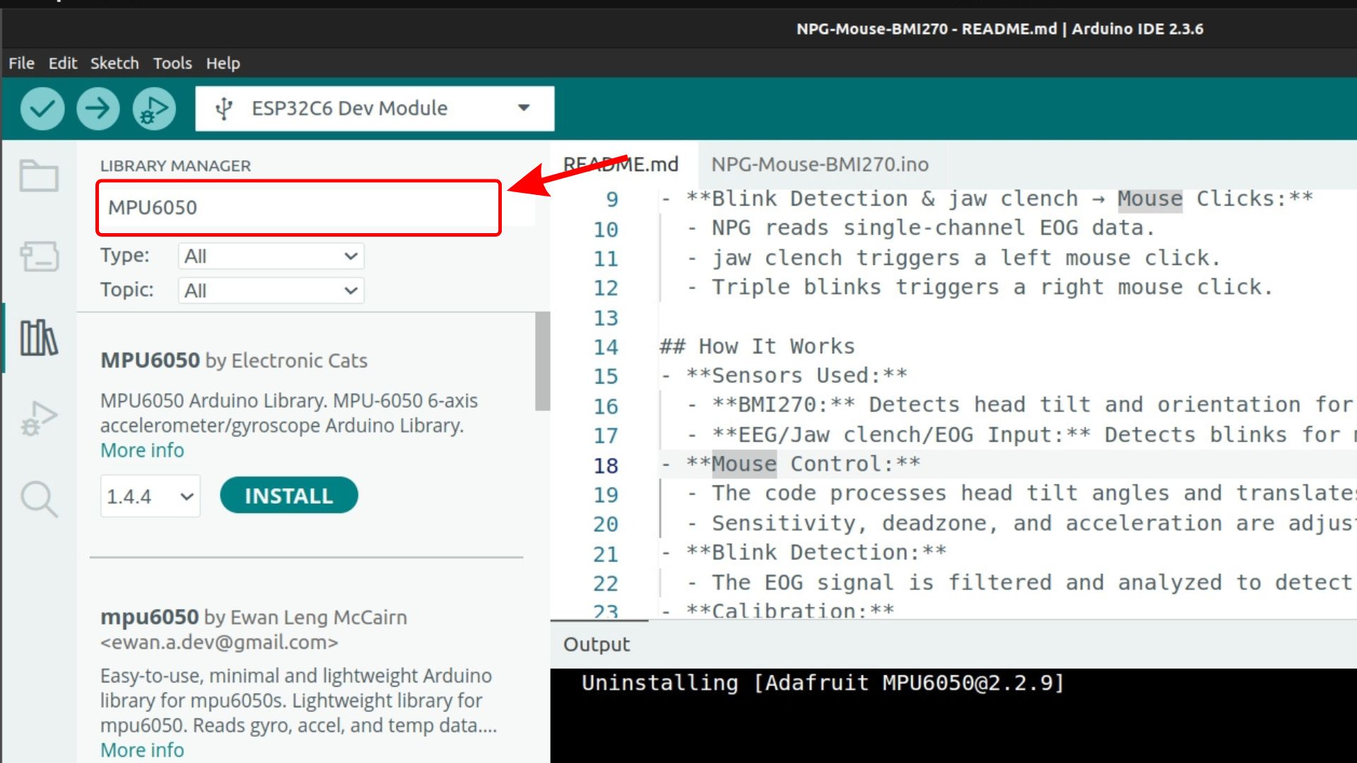 Searching for MPU6050 in the Library Manager