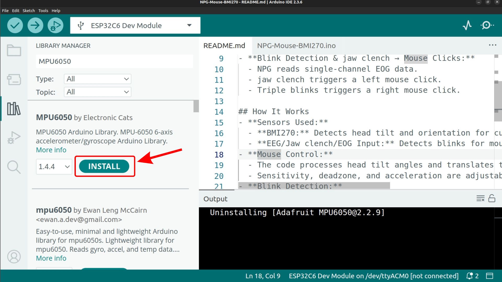 Installing the MPU6050 library from the Library Manager