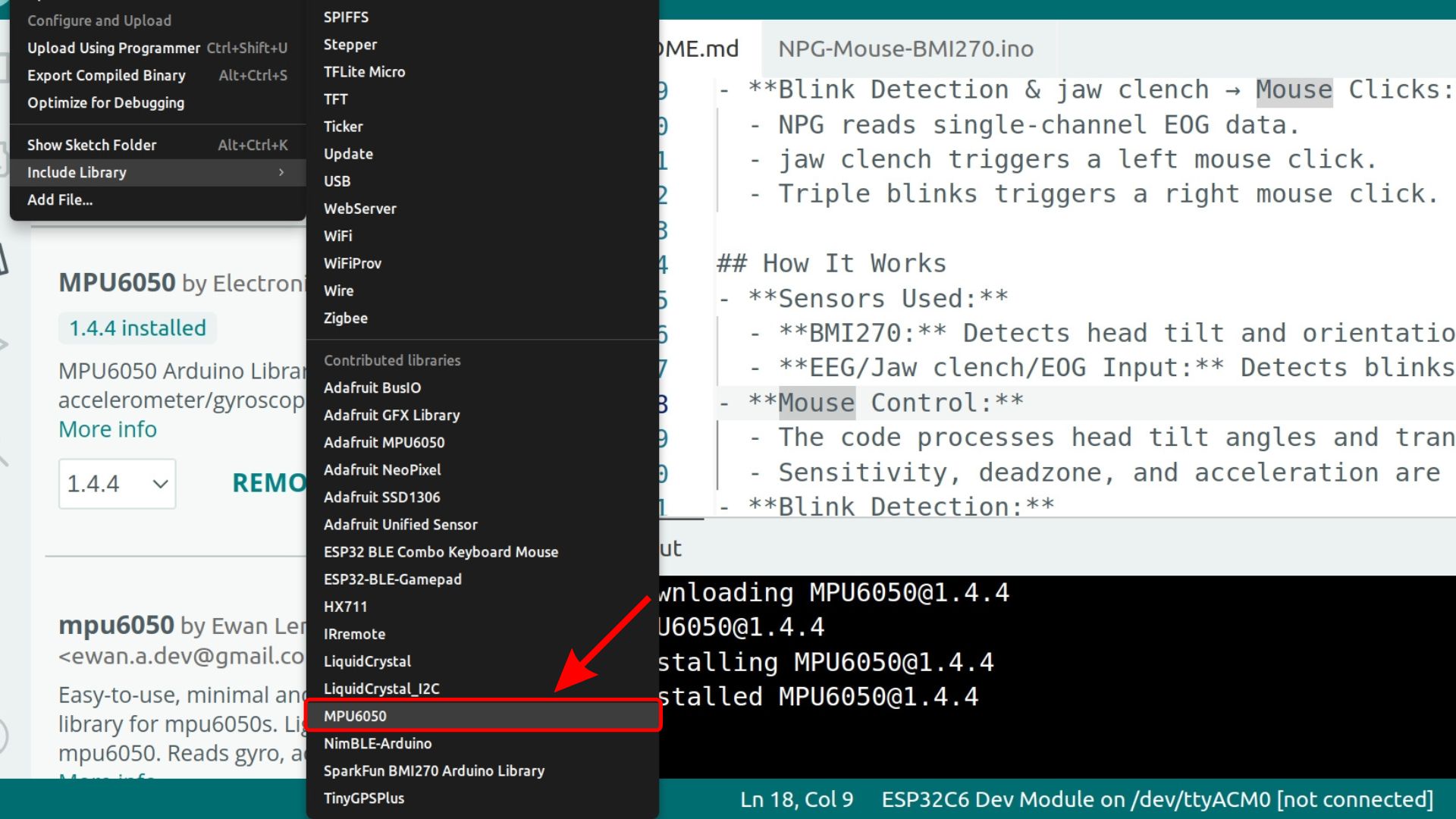 MPU6050 library appearing in the Include Library list