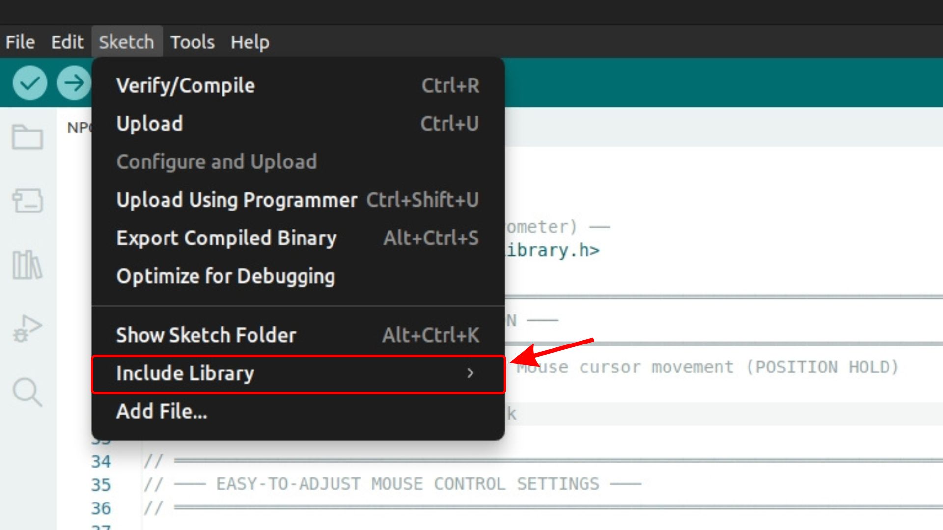 Hovering over Include Library