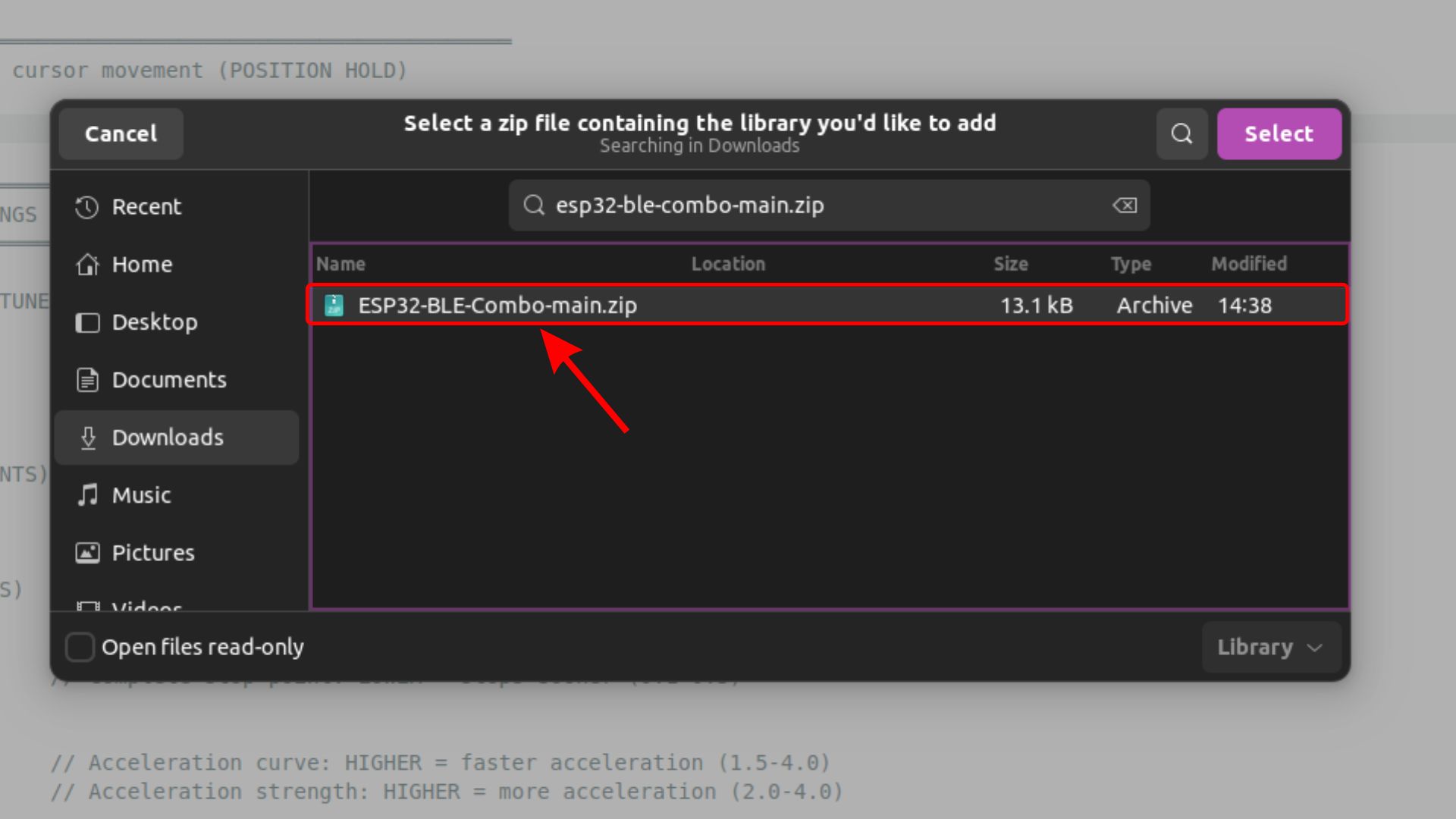 File picker with ZIP selected