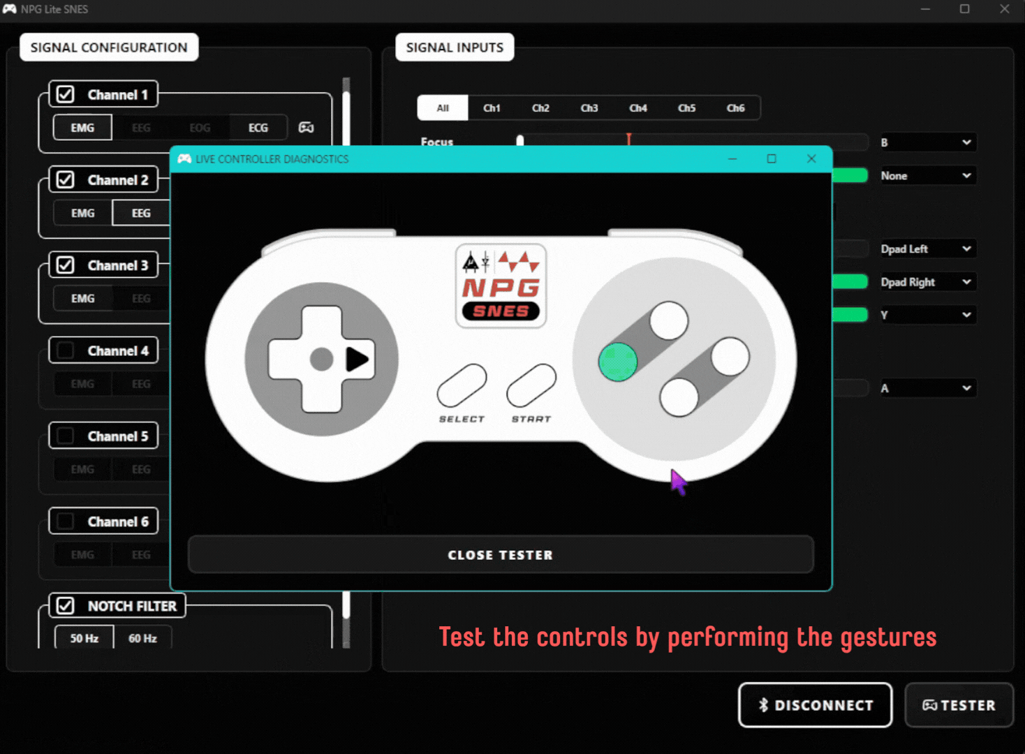 A gesture pressing the left button of the controller in the tester